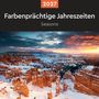 2027: Farbenprächtige Jahreszeiten. Seasons. Sonnenuntergang über schneebedeckten roten Felsen.