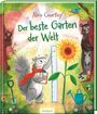 Text: "Alice Courtley, Der beste Garten der Welt, Forest, Südpol." Illustration: Ein Eichhörnchen fährt Fahrrad im Wald.