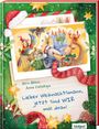 "Lieber Weihnachtsmann, jetzt sind WIR mal dran!" steht in blauer Schrift. Festliche Tierfiguren in Weihnachtskleidung.