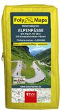 "Foly Maps" oben, "Alpenpässe", "7 folierte Karten", "www.bikerbetten.de". Gelbe Tasche, Serpentinenstraße mit Motorrädern.
