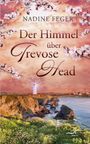 "NADINE FEGER", "Der Himmel über Trevose Head". Ein Leuchtturm vor Klippen, rosa Himmel und blühende Kirschzweige.