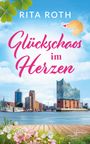 „Glückschaos im Herzen“ von Rita Roth, bunte Skyline am Wasser mit Blumen, Kleeblatt und Glückskeks.