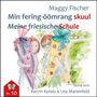 "Min fering-öömrang skuul. Meine friesische Schule." Zwei Kinder mit bunten Schultüten, Hintergrund mit Bäumen.