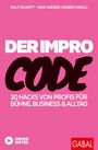 Text: "DER IMPRO CODE: 20 Hacks von Profis für Bühne, Business & Alltag." Rosa Hintergrund, zwei Logos unten.