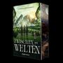 "Stephanie Guckenmus. Zwischen den Welten. Hybrid Verlag." Drei Silhouetten und ein Wolf vor Bergen, mit fantastischer Landschaft.