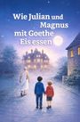 „Wie Julian und Magnus mit Goethe Eis essen.“ Illustration: Drei Personen gehen bei Nacht zu einem großen Haus.
