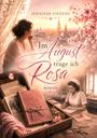 „Im August trage ich Rosa“ von Jennifer Viezens. Eine Frau schaut aus dem Fenster, im Hintergrund eine Stadtlandschaft.