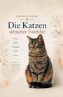 "Die Katzen unserer Familie" steht über einem Bild einer getigerten Katze vor einem dezenten floralen Hintergrund.