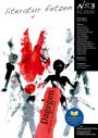 Text "literatur fetzen", "No 3", "02.2026", "Dagegen oder gute Nachrichten". Aquarell mit abstrakten Figuren und rotem Element.