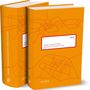 Zwei orangefarbene Bücher mit geometrischen Linien, Titel: "Wörterbuch Deutsch-Hindi" und "Handwörterbuch Hindi-Deutsch".