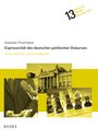 "Expressivität des deutschen politischen Diskurses" mit Bildern von Mikrofonen, dem Reichstag und Schachfiguren.