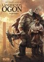 "Länder von Ogon, 8 - Oru-Rongo." Zwei Krieger, einer groß und muskulös mit Knüppel, der andere in feinem Gewand, stehen vor Steinsäulen.