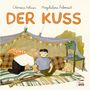 Eine bunte Illustration zeigt zwei Kinder im Zelt; oben steht "Der Kuss", darunter die Namen Clemens Fabian und Magdalena Adomeit.