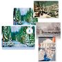 Text: "Winter in der Kunst Bruegel, Hiroshige, Monet, Munch." Gemälde von Winterlandschaften mit Bäumen und Schnee.