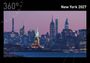 "360° New York 2027." Skyline mit Freiheitsstatue und Empire State Building im Abendlicht, Wasser im Vordergrund.