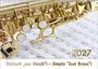 Logo mit Text: "Einfach 'nur Blech'! – Simply 'Just Brass'! 2027". Detail eines goldenen Blechblasinstruments über Notenblättern.