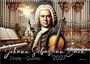 "Johann Sebastian Bach Zitate - Quotes 2027" in eleganter Schrift. Illustration eines Mannes vor einer Kirche, Orgel, Violine.