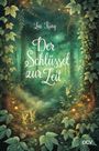 Text: "Lou Küng, Der Schlüssel zur Zeit". Mystischer Wald mit Feen und magischen Lichtern. Illustration mit Blättern.