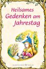 „Heilsames Gedenken am Jahrestag“ in pinker Schrift. Illustration: Person mit Hut, Kerze, umgeben von Bäumen.
