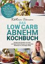 Text: "Inkl. Meal Prep, Brot-Rezept, Dips, Desserts, vegetarischer Gerichte... Nährwertangaben", "DAS LOW CARB ABNEHM KOCHBUCH".  
Bilder: Pasta, Schokoladenkuchen, Frau mit Schüssel.