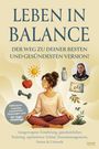 „LEBEN IN BALANCE“, darunter „Der Weg zu deiner besten und gesündesten Version!“, zeigt meditierende Frau.