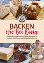 "Backen wie bei Oma" steht zentral geschrieben, darunter: "Das große Backbuch mit einfachen Rezepten". Fotos von Kuchen und eine Frau sind abgebildet.