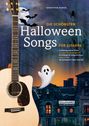 "Die schönsten Halloween Songs für Gitarre" steht über einer nächtlichen Szenerie mit Gitarrenhals, Fledermäusen, Geist und Spinne.