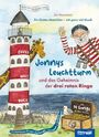 "Jonnys Leuchtturm und das Geheimnis der drei roten Ringe" zeigt einen Leuchtturm, eine Giraffe und einen winkenden Piraten.