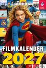Text: "FILMKALENDER 2027" und "cinema". Eine Frau, die Superheldenkostüm trägt, umgeben von Filmplakaten.