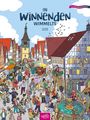 "IN WINNENDEN WIMMELTS" und "JOLANDA OBLESER" sind auf blauen Hintergrund. Menschen beleben einen bunten Marktplatz.