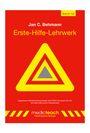Notruf: 112. Erste-Hilfe-Lehrwerk von Jan C. Behmann. Gelbes Warndreieck auf rotem Hintergrund.