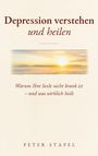 "Depression verstehen und heilen" beschreibt ein Buch, darunter ein Sonnenaufgang über einer weiten Landschaft. Autor: Peter Stapel.
