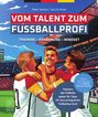 "VOM TALENT ZUM FUSSBALLPROFI" in Rot-weiß. Drei jubelnde Fußballspieler im Stadion.