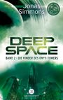 Text: "Jonas Simmons. DEEP SPACE BAND 2 - DIE KINDER DES ONYX-TOWERS." Grüne Sci-Fi-Landschaft mit Planeten und futuristischem Gebäude.
