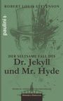 Text: "ROBERT LOUIS STEVENSON", "Der seltsame Fall des Dr. Jekyll und Mr. Hyde", "Moderne, vollständige Neuübersetzung". Illustration: Halbiertes Gesicht, links elegant, rechts chaotisch.