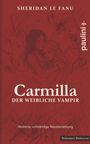 Text: "Carmilla: Der weibliche Vampir", "Moderne, vollständige Neuübersetzung". Illustration: Zwei Umarmung in rotem Ton.