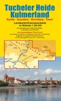 Text über einer bunten Karte: "Tucheler Heide Kulmerland Konitz - Graudenz - Bromberg - Thorn Landkarte/Ortsnamenkarte im Maßstab 1:200.000". Darunter eine Flusslandschaft und Stadtansicht.