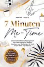 „7 Minuten Me-Time“: Kreatives Buch mit Rätseln und Challenges. Illustrationen von Tasse, Hand mit Stift, Pflanzenblatt.