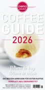 Text: "Coffee Guide 2026. Where to buy, where to drink. Die besten Adressen für guten Kaffee. Komplett neu überarbeitet."

Illustration: Eine weiße Kaffeetasse mit Crema am Rand. Oben ein rotes Logo "crema präsentiert".