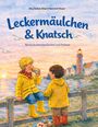 Text: "Leckermäulchen & Knatsch, Nordische Abendgeschichten zum Vorlesen." Zwei Kinder in gelben Jacken am Meer bei Sonnenuntergang.