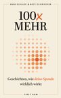 "100x MEHR. Geschichten, wie deine Spende wirklich wirkt." Oben Autorenname. Punktmuster in Orange.