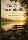 „Die Zeit hat es nie eilig“ von Giovanni Chiaradia. Eine Bank am See bei Sonnenuntergang, umgeben von Bäumen.