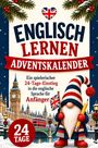 Text: "Englisch Lernen Adventskalender. Ein spielerischer 24-Tage-Einstieg in die englische Sprache für Anfänger. 24 Tage."

Illustration: Ein Gnom mit Mütze und Flagge vor winterlicher London-Szene.