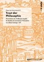 Text: "Trost der Philosophie", "Illustrationen der Straßburger Ausgabe", "Boethius De Consolatione Philosophiae", "FONTES 97".  
Illustration: Historische Szene mit Figuren und Gebäuden in Orange.