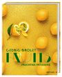 Cedric Grolet FRUITS Fruchtige Patisserie. Ein gelbes, fruchtiges Muster mit Orangen und einer halbierten Passionsfrucht.