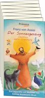 Text oben: Präsenz Leben; Franz von Assisi Der Sonnengesang; Ein Leporello... Unten: Sabine Waldmann-Brun. Illustration eines Heiligen mit Tieren.