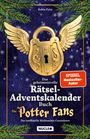 Titel: Das geheimnisvolle Rätsel-Adventskalender-Buch für Potter Fans. Goldenes Schloss mit Flügeln auf blauem Hintergrund.