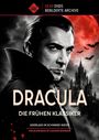 "DRACULA: DIE FRÜHEN KLASSIKER - Aderlass in Schwarz-Weiss. Porträt eines Mannes vor einem Schloss und rotem Mond."