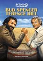Illustration mit Texten: "SCENE 42 DAS FILMARCHIV", "BUD SPENCER TERENCE HILL", "VIER FÄUSTE, FLOTTE SPRÜCHE UND SCHALLENDE BACKPFEIFEN". Ein Armwrestling zwischen zwei Männern.