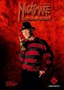 „NIGHTMARE ON ELM STREET“, Mann mit verbranntem Gesicht in rot-schwarz gestreiftem Pullover, Hut, Klingenhandschuh.